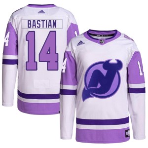 Nathan Bastian Men's Adidas New Jersey Devils Authentic White/Purple Hockey Fights Cancer Primegreen Jersey