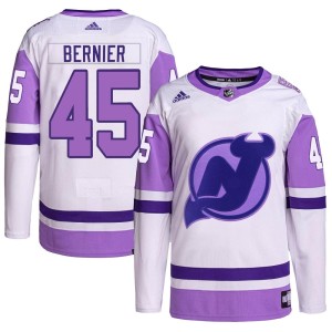 Jonathan Bernier Men's Adidas New Jersey Devils Authentic White/Purple Hockey Fights Cancer Primegreen Jersey
