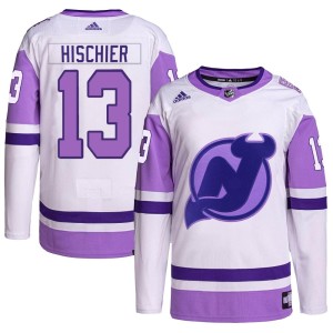 Nico Hischier Men's Adidas New Jersey Devils Authentic White/Purple Hockey Fights Cancer Primegreen Jersey