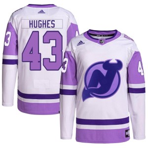 Luke Hughes Men's Adidas New Jersey Devils Authentic White/Purple Hockey Fights Cancer Primegreen Jersey