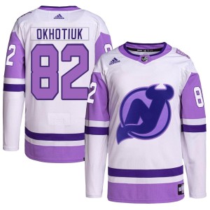 Nikita Okhotiuk Men's Adidas New Jersey Devils Authentic White/Purple Hockey Fights Cancer Primegreen Jersey
