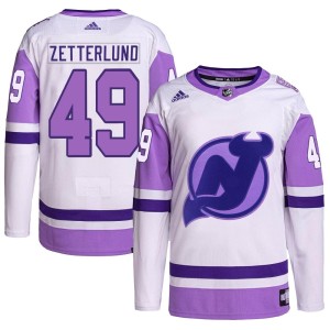 Fabian Zetterlund Men's Adidas New Jersey Devils Authentic White/Purple Hockey Fights Cancer Primegreen Jersey