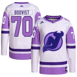 Jesper Boqvist Youth Adidas New Jersey Devils Authentic White/Purple Hockey Fights Cancer Primegreen Jersey
