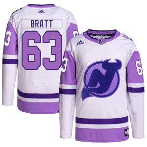 Jesper Bratt Youth Adidas New Jersey Devils Authentic White/Purple Hockey Fights Cancer Primegreen Jersey