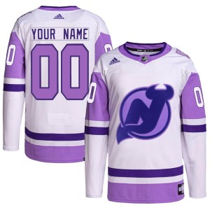 Custom Youth Adidas New Jersey Devils Authentic White/Purple Custom Hockey Fights Cancer Primegreen Jersey