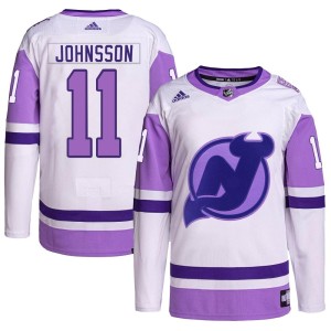 Andreas Johnsson Youth Adidas New Jersey Devils Authentic White/Purple Hockey Fights Cancer Primegreen Jersey
