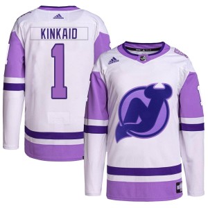 Keith Kinkaid Youth Adidas New Jersey Devils Authentic White/Purple Hockey Fights Cancer Primegreen Jersey