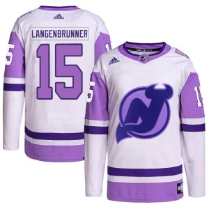 Jamie Langenbrunner Youth Adidas New Jersey Devils Authentic White/Purple Hockey Fights Cancer Primegreen Jersey