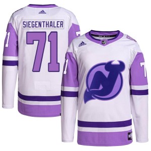 Jonas Siegenthaler Youth Adidas New Jersey Devils Authentic White/Purple Hockey Fights Cancer Primegreen Jersey