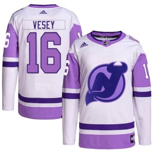 Jimmy Vesey Youth Adidas New Jersey Devils Authentic White/Purple Hockey Fights Cancer Primegreen Jersey