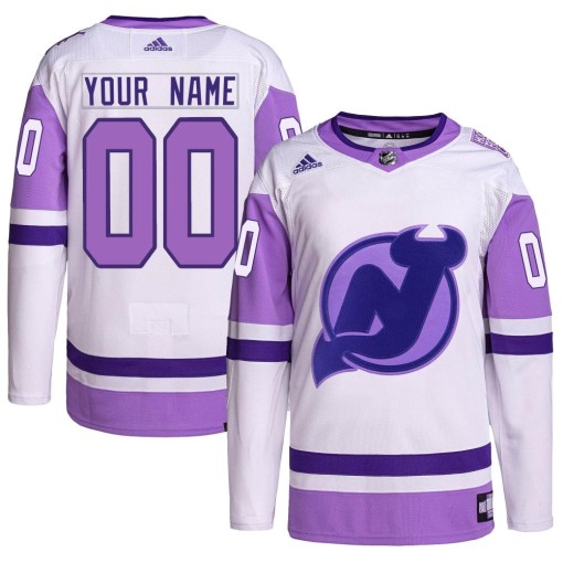 Custom Men's Adidas New Jersey Devils Authentic White/Purple Custom Hockey Fights Cancer Primegreen Jersey
