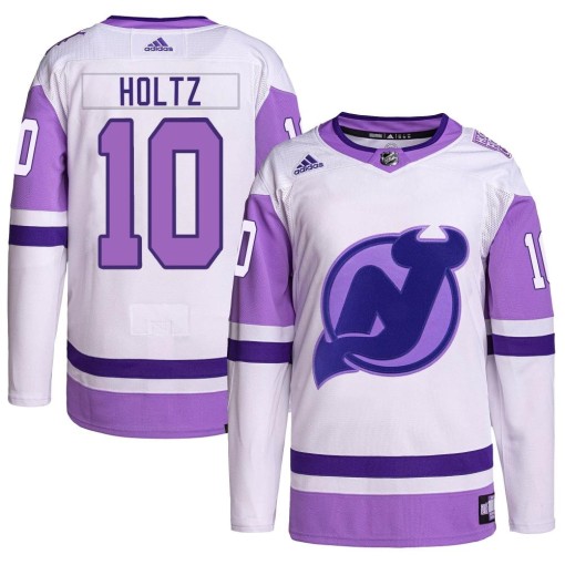 Alexander Holtz Men's Adidas New Jersey Devils Authentic White/Purple Hockey Fights Cancer Primegreen Jersey