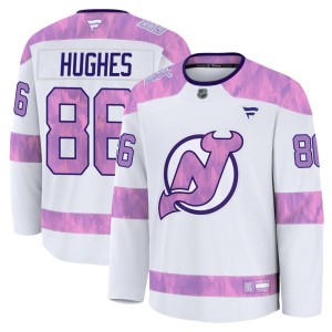 Jack Hughes Men's Fanatics New Jersey Devils Premium White 2024 Hockey Fights Cancer Practice Jersey