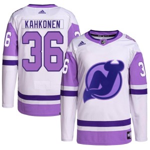 Kaapo Kahkonen Men's Adidas New Jersey Devils Authentic White/Purple Hockey Fights Cancer Primegreen Jersey
