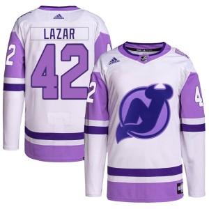 Curtis Lazar Men's Adidas New Jersey Devils Authentic White/Purple Hockey Fights Cancer Primegreen Jersey