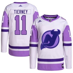 Chris Tierney Youth Adidas New Jersey Devils Authentic White/Purple Hockey Fights Cancer Primegreen Jersey