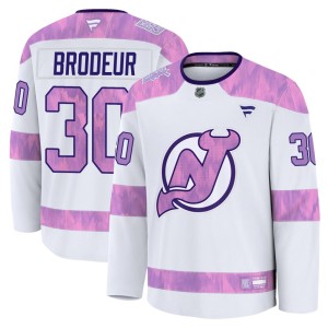 Martin Brodeur Youth Fanatics New Jersey Devils Premium White 2024 Hockey Fights Cancer Practice Jersey