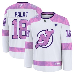 Ondrej Palat Youth Fanatics New Jersey Devils Premium White 2024 Hockey Fights Cancer Practice Jersey